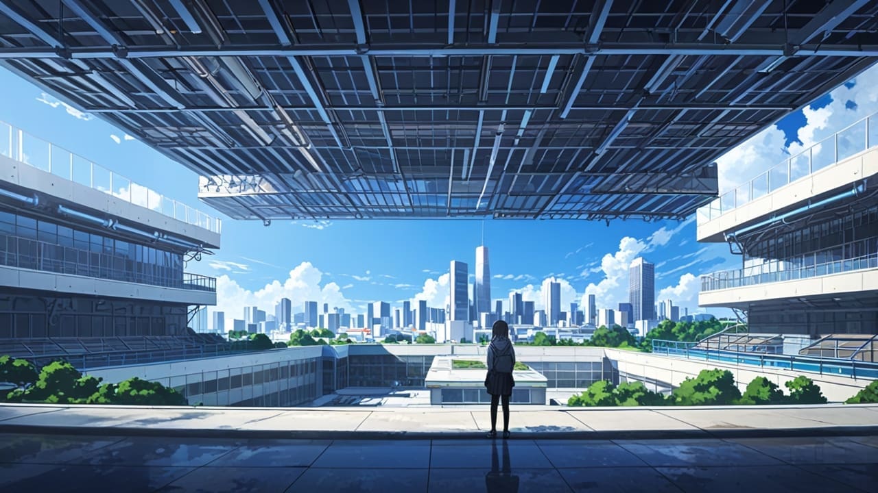 Vista panorámica de un moderno centro de innovaciones tecnológicas con cielos despejados