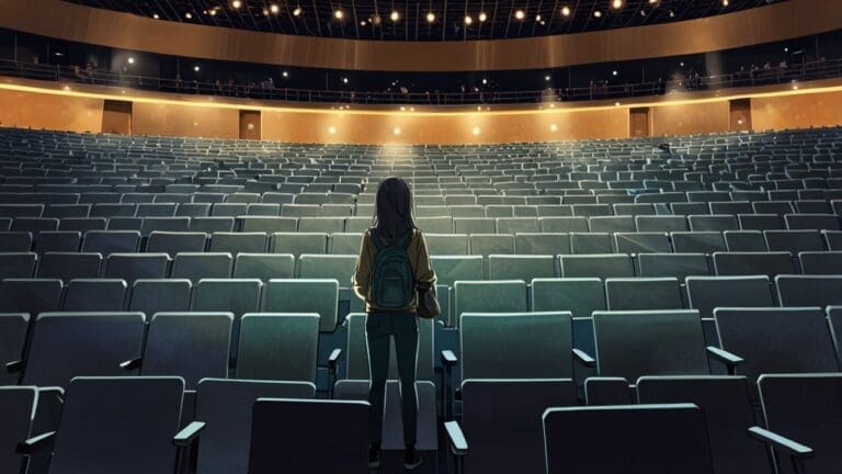 Auditorio moderno lleno de personas asistiendo a una conferencia de tecnología con pantallas grandes