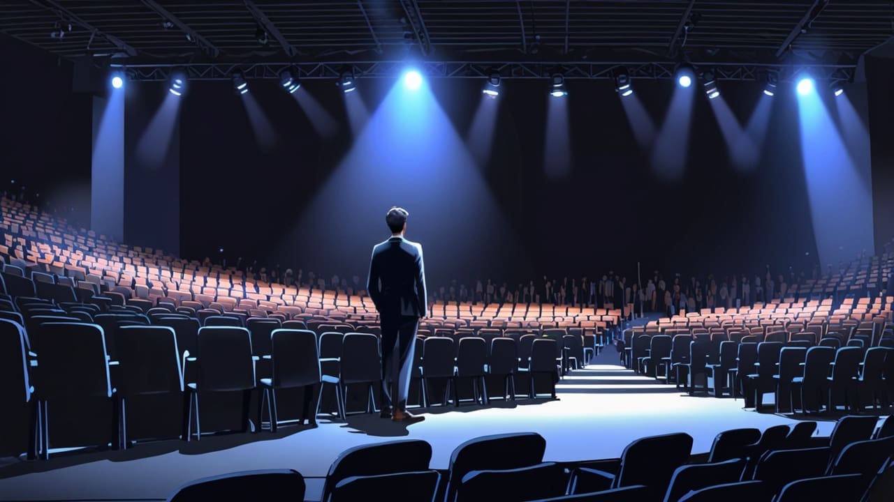 Evento empresarial en un moderno auditorio con pantallas digitales y asistentes vestidos de manera formal