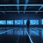 Representación digital de un moderno centro de datos con luces azules y cables