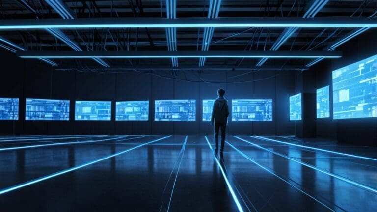 Representación digital de un moderno centro de datos con luces azules y cables