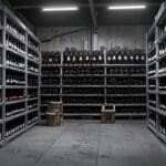 Botellas de vino en una línea de producción moderna y tecnológica en una bodega