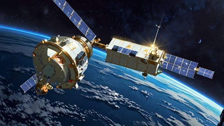 Imagen de satélites en el espacio orbitando la Tierra, con un enfoque en la tecnología avanzada de monitoreo oceánico.