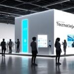 Espacio moderno de exhibición tecnológica con stands de startups y visitantes interactuando