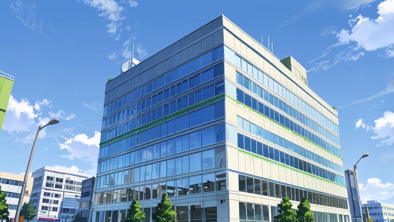 Edificio moderno de oficinas con diseño innovador y tecnología avanzada, rodeado de verde y un cielo claro