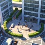 Vista aérea de un moderno complejo de oficinas tecnológicas en una ciudad animada