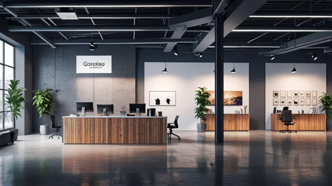 Oficinas modernas de una startup tecnológica con exhibidores de productos saludables
