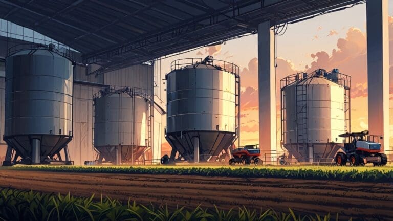 Un campo agrícola con robots trabajando junto a un silo industrial al amanecer