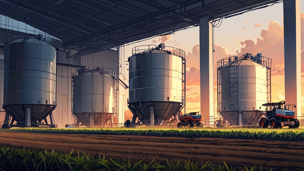 Un campo agrícola con robots trabajando junto a un silo industrial al amanecer