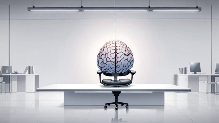 Primer plano de un implante cerebral sobre una mesa blanca con un entorno de oficina tecnológica de fondo.