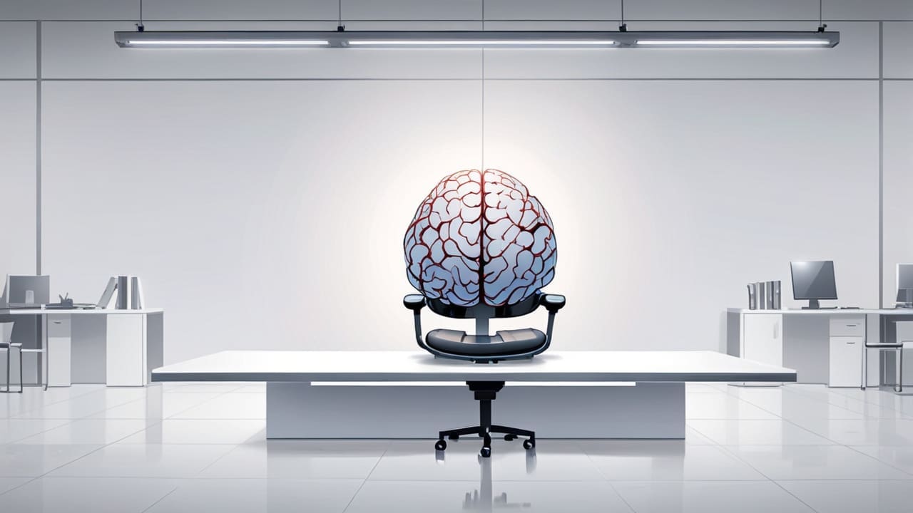 Primer plano de un implante cerebral sobre una mesa blanca con un entorno de oficina tecnológica de fondo.