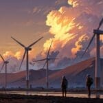 Turbinas eólicas en un entorno montañoso al amanecer, resaltando innovación y tecnología.