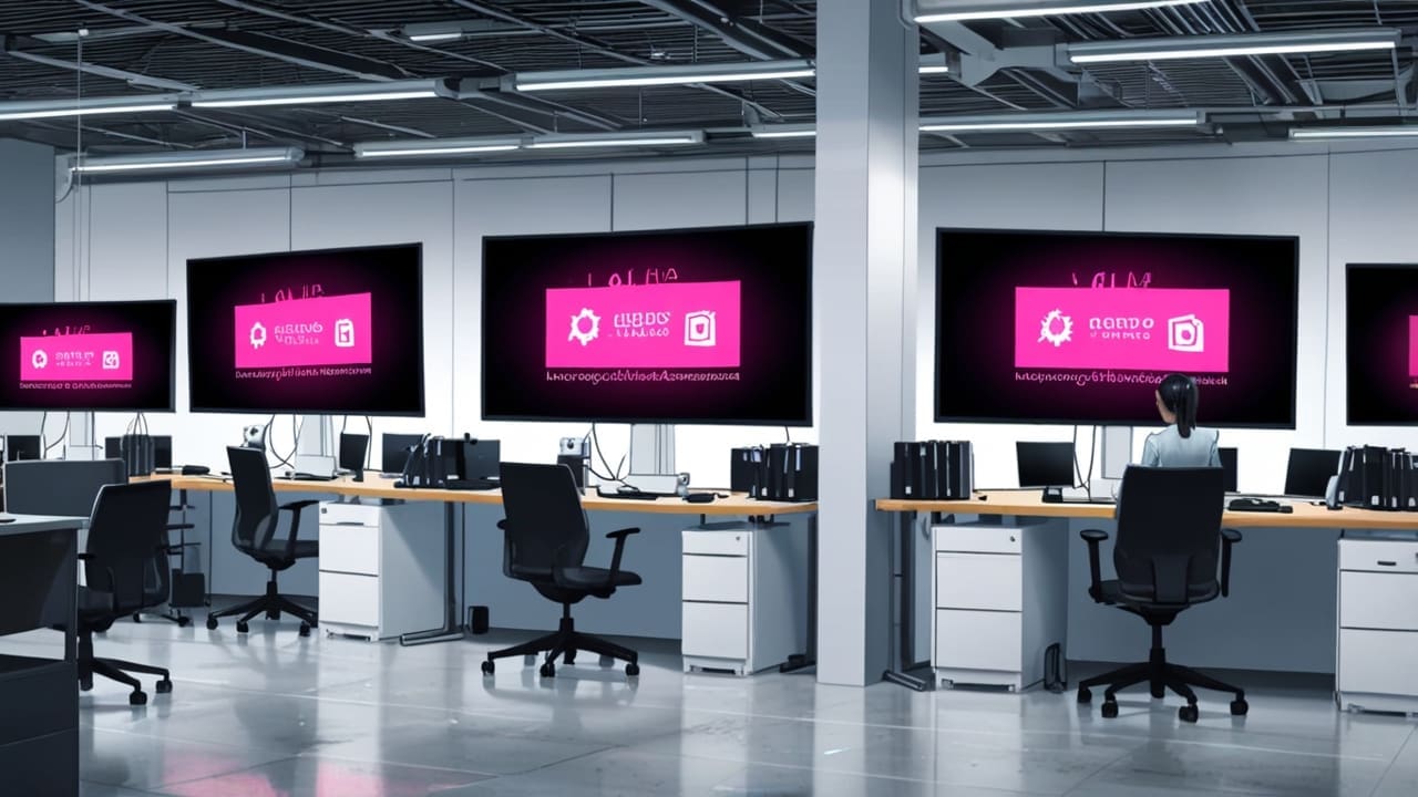 Oficinas modernas de una startup de inteligencia artificial con pantallas de computadoras mostrando transacciones digitales