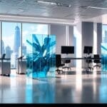 Oficina moderna con equipos tecnológicos y vitrinas de cristal