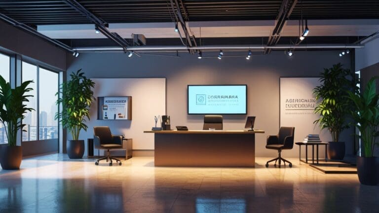 Oficina moderna con tecnología avanzada enfocada en IA, pantallas y escritorios organizados.