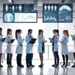 Oficina moderna con equipos de tecnología médica y pantallas de datos.