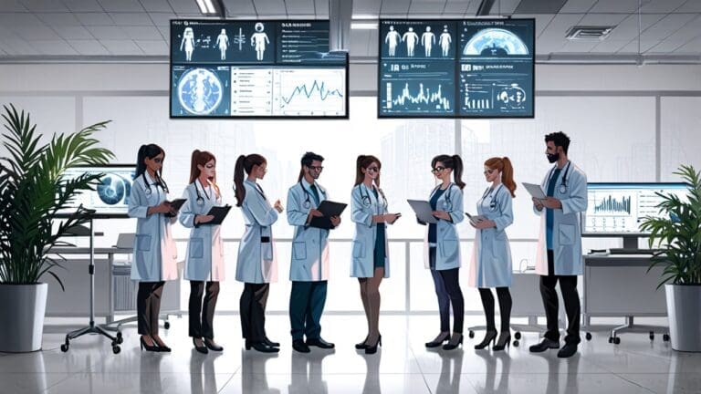 Oficina moderna con equipos de tecnología médica y pantallas de datos.