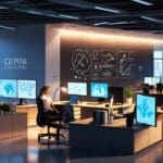 Oficina moderna con equipos tecnológicos y ambiente de trabajo colaborativo