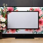 Arreglo floral en un entorno digital moderno con pantalla de computadora y flores alrededor.