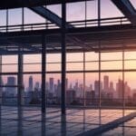 Primer plano de una estructura arquitectónica moderna hecha con hormigón avanzado bajo luz del amanecer.