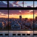 Vista panorámica de un moderno centro de convenciones en Madrid, con rascacielos al fondo, al atardecer.