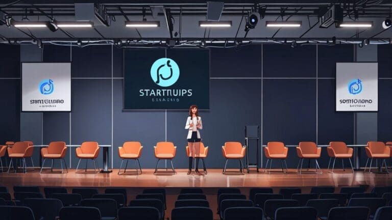 Sala de conferencias moderna con pantallas digitales mostrando logotipos de startups