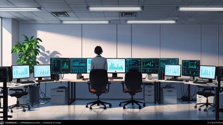 Oficina moderna de una startup tecnológica con computadoras y pantallas de datos