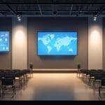 Sala de conferencias moderna con gráficos de crecimiento en pantallas y público atento en un evento tecnológico