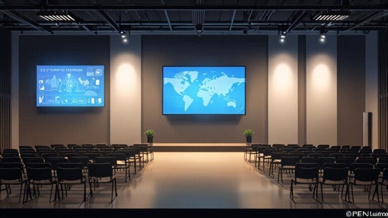 Sala de conferencias moderna con gráficos de crecimiento en pantallas y público atento en un evento tecnológico