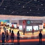 Vista de una feria tecnológica internacional con pabellones y visitantes