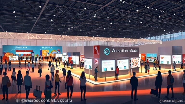 Vista de una feria tecnológica internacional con pabellones y visitantes