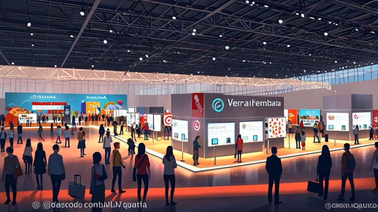 Vista de una feria tecnológica internacional con pabellones y visitantes