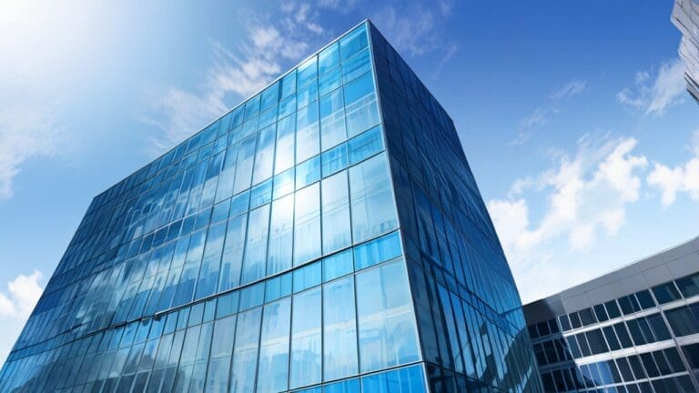 Moderno edificio corporativo con fachada de vidrio reflejando el cielo azul