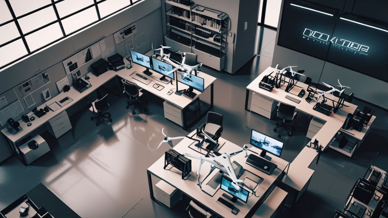 Interior de una oficina de tecnología con drones y hardware innovador en exhibición