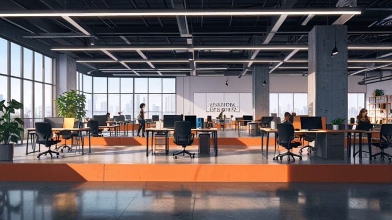 Espacio de coworking moderno con emprendedores trabajando en proyectos tecnológicos, mesas de trabajo y dispositivos electrónicos en uso por la tarde.