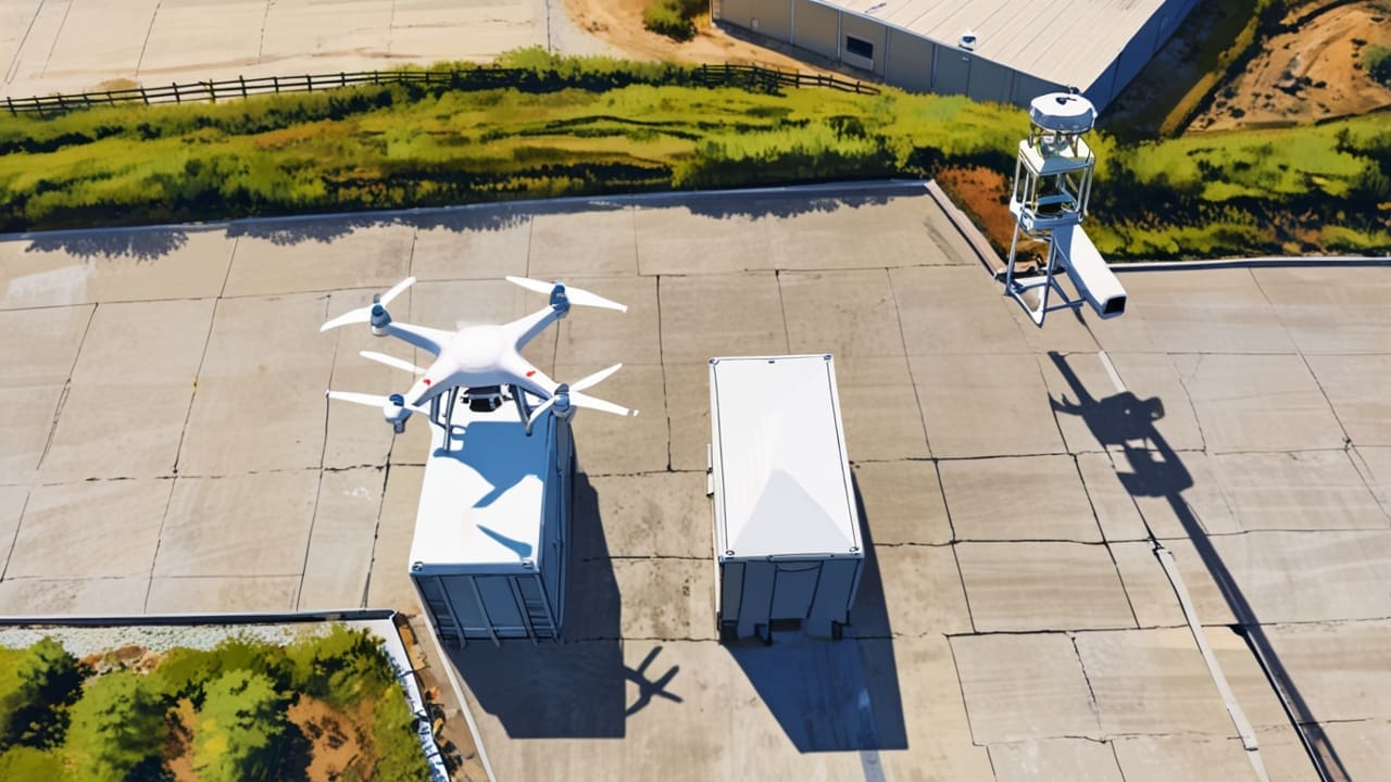 Drone volando sobre un paisaje industrial en un día soleado