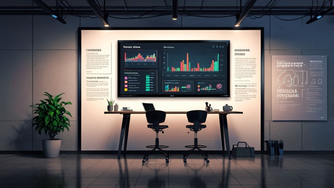 Oficina moderna de una startup tecnológica con pantallas computacionales y gráficos de crecimiento en las paredes