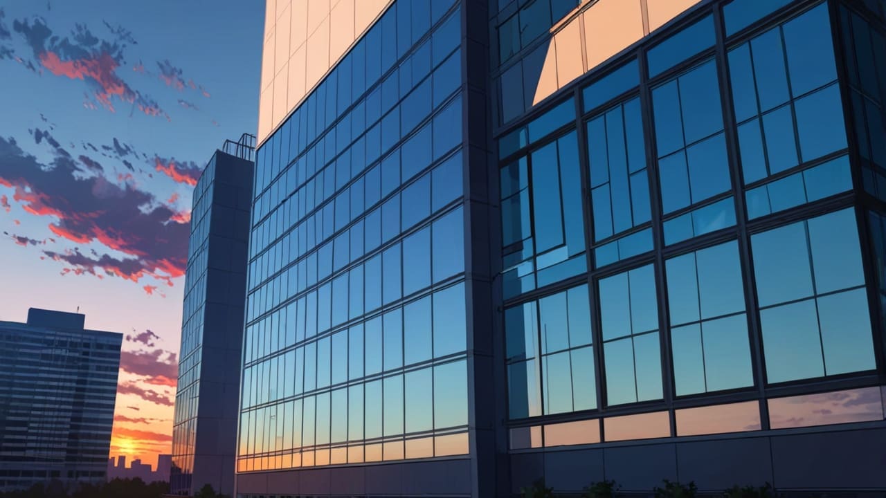 Vista moderna de un edificio tecnológico con diseño innovador al amanecer