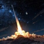 Satélite en órbita sobre un asteroide en el espacio, con fondo de estrellas.