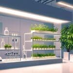 Primer plano de un laboratorio moderno con plantas medicinales bajo luces LED.