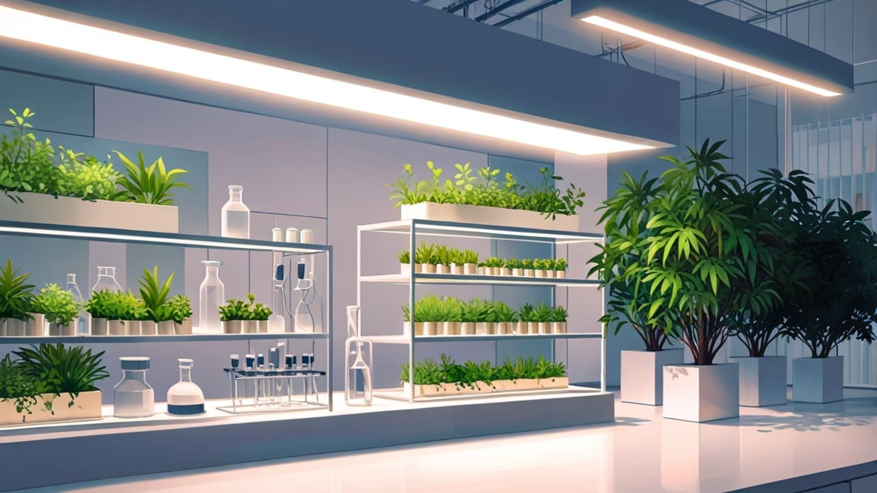 Primer plano de un laboratorio moderno con plantas medicinales bajo luces LED.