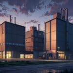 Edificios tecnológicos y automotrices en un parque industrial moderno al amanecer