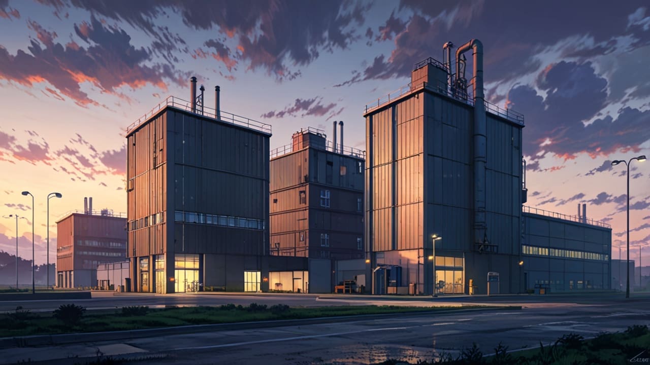 Edificios tecnológicos y automotrices en un parque industrial moderno al amanecer