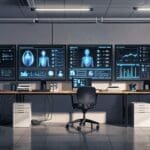 Oficina moderna con computadoras y pantallas mostrando gráficos de inteligencia artificial