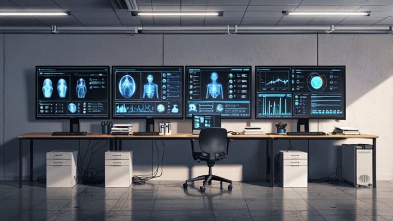 Oficina moderna con computadoras y pantallas mostrando gráficos de inteligencia artificial