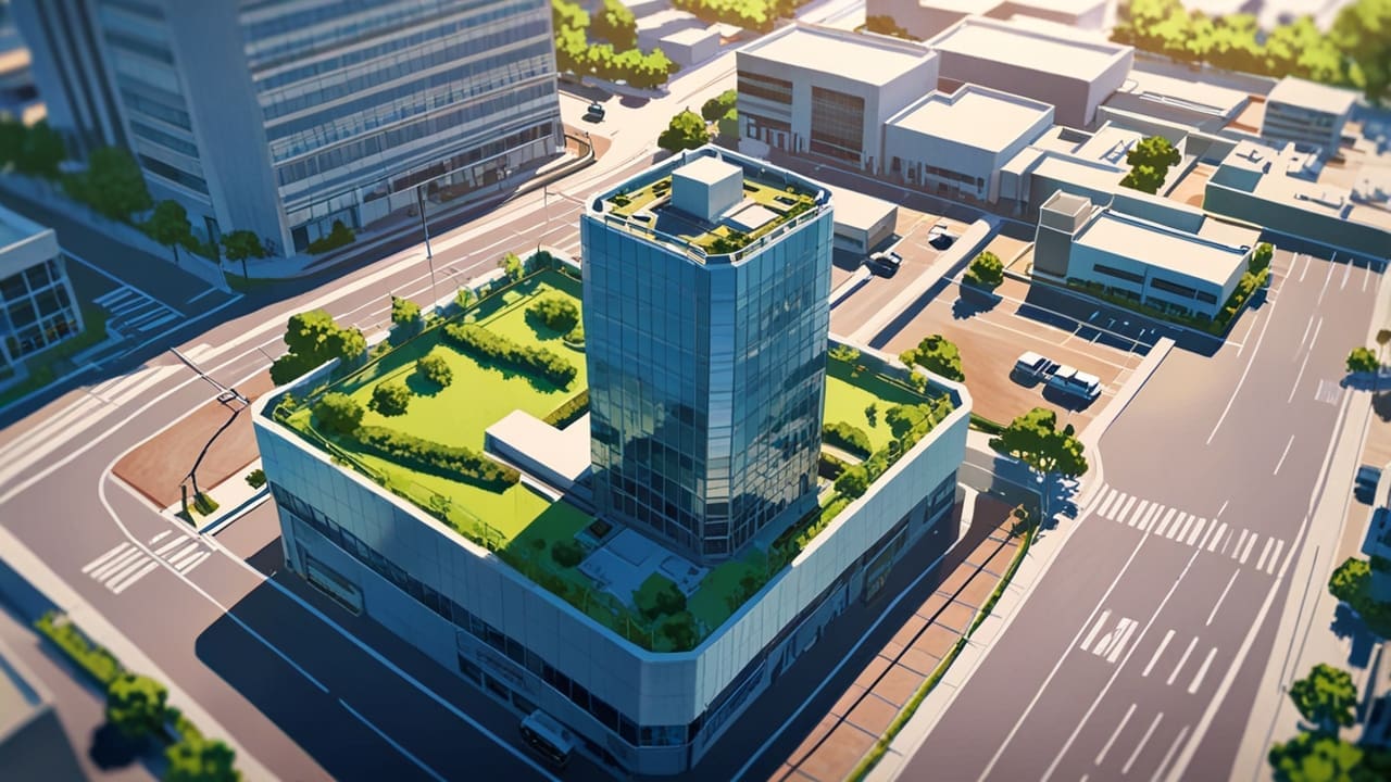Vista aérea de un centro empresarial tecnológico con edificios modernos y áreas verdes.