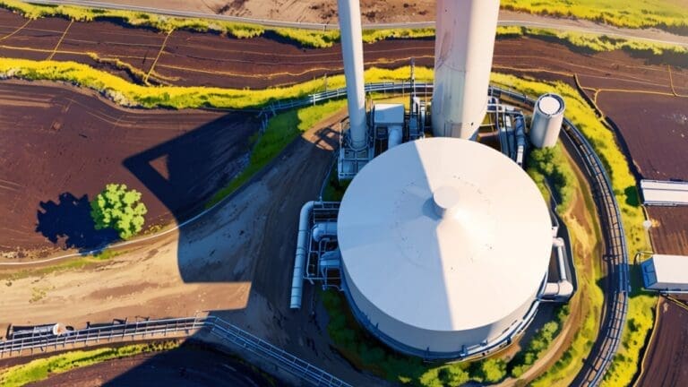 Vista aérea de una planta industrial sostenible rodeada de naturaleza.
