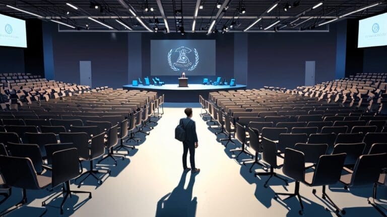 Un emprendedor tecnológico en un moderno centro de conferencias sobre tecnología.