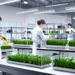 Laboratorio moderno con equipos de biotecnología y plantas en cultivo controlado.