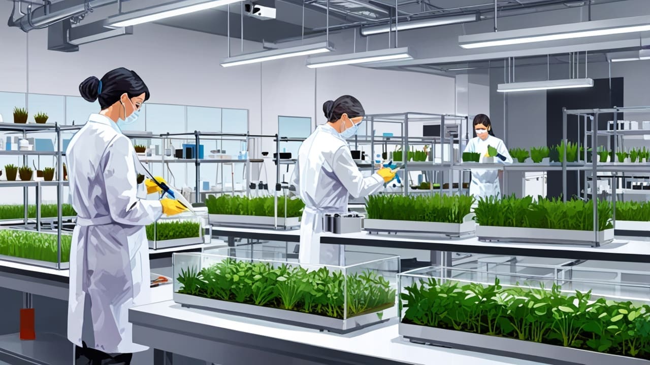 Laboratorio moderno con equipos de biotecnología y plantas en cultivo controlado.